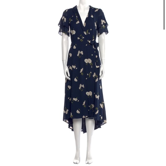 Reformation Layley Opaline Dress - Navy Floral Wrap - Size Large - Picture 4 of 5